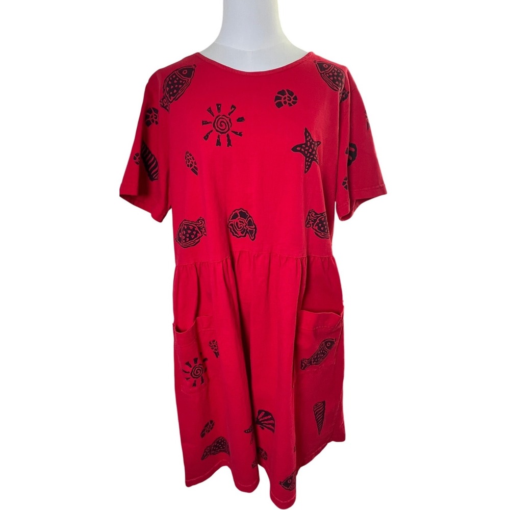 Viva City Red Cotton Beach Nautical Print Casual Dress Pockets Size‎ L